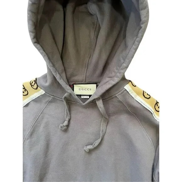 Gucci Interlock G Gray Hoodie With Tan Logo Stripe Sleeve Men’s XXL